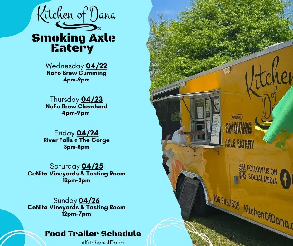 Busy busy week ahead! Here is the food trailer schedule for this week &amp; we are excited to see y'all! 

#kitchenofdana #smokingaxleeatery #Georgia #foodtruck #yummy #FoodTrailer #lookforthebrownbox #foodtrailerschedule #foodtruck #nofo #riverfalls