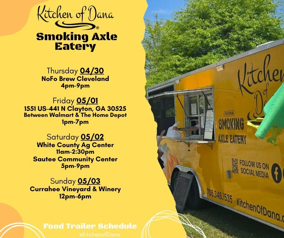 We are looking forward to seeing y'all this week! Here is the schedule! 

#kitchenofdana #Georgia #foodtruck #smokingaxleeatery #foodtrailerschedule #FoodTrailer #foodtrailer #southerncomfortfood #northgeorgia #lookforthebrownbox