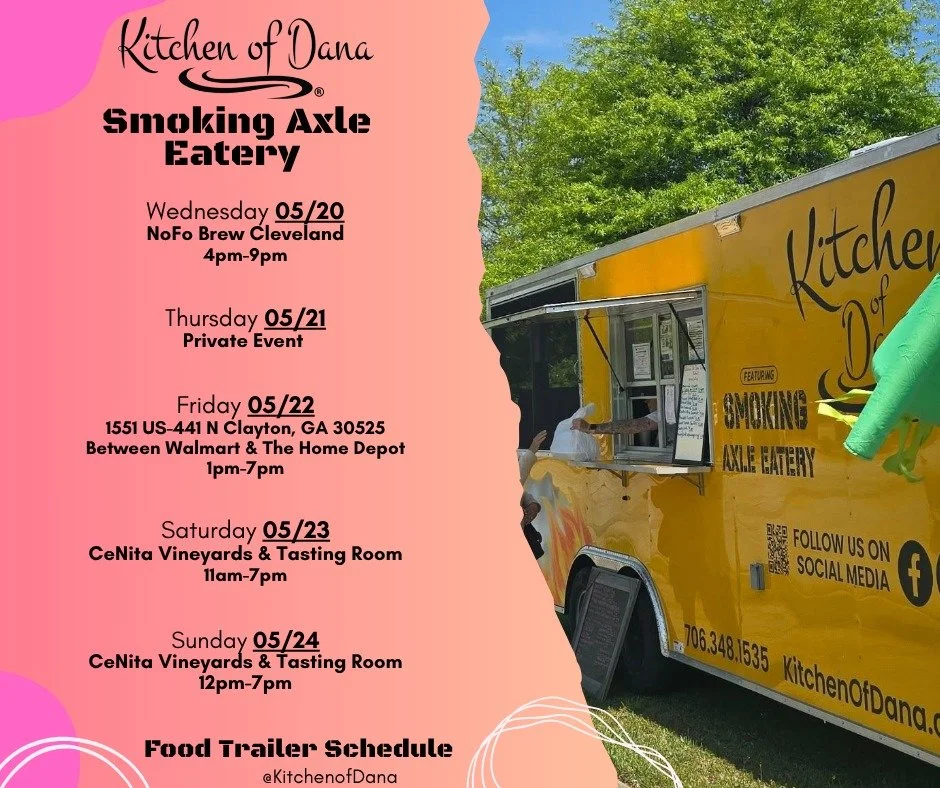 Happy Monday! Here is our food trailer schedule for the week, we are looking forward to seeing y'all!

#kitchenofdana #smokingaxleeatery #foodtrailerschedule #foodtruck #foodtrailer #Georgia #SouthernComfortFood