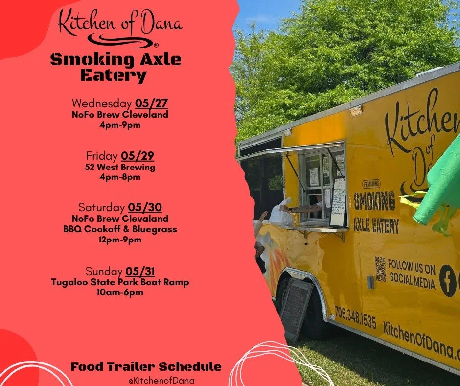 Happy Tuesday Y'all! Here is our food trailer schedule this week, can't wait to see y'all! 

#kitchenofdana #smokingaxleeatery #foodtrailerschedule #SouthernComfortFood #Georgia  #foodtruck #foodtrailer #yummy #northgeorgia #lookforthebrownbox