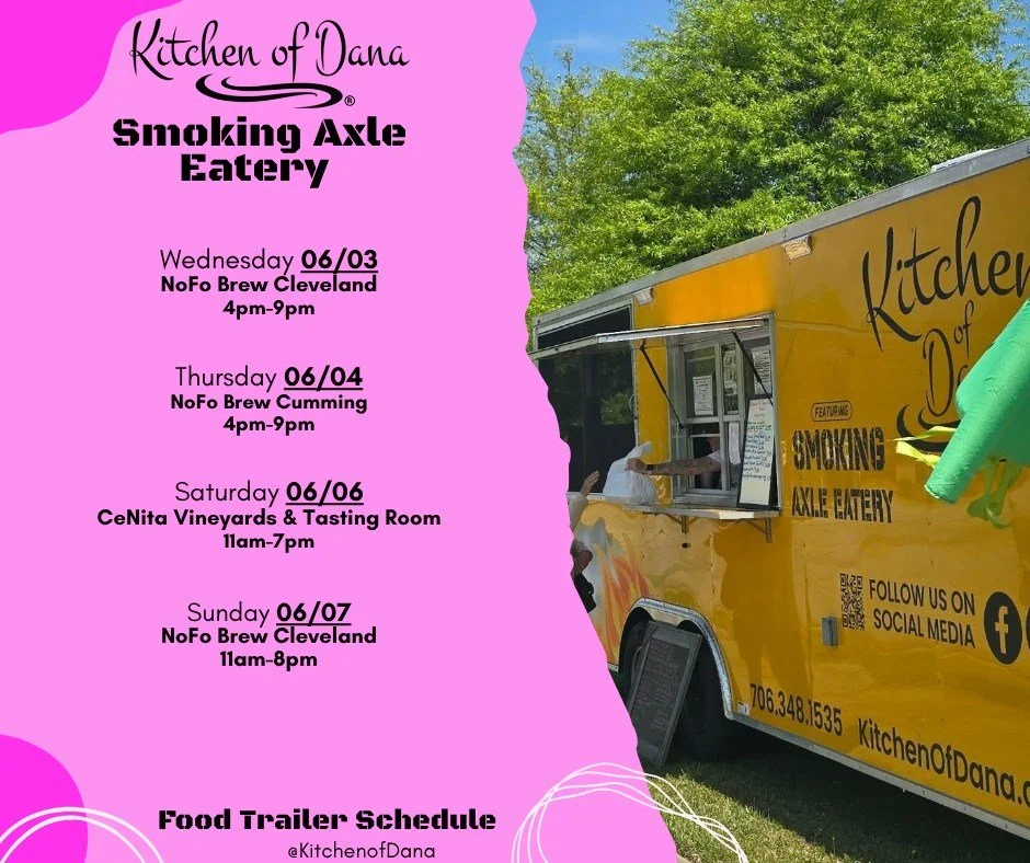 Food Trailer Schedule for this week! We are looking forward to seeing y'all!

#kitchenofdana #smokingaxleeatery #southerncomfortfood #foodtrailerschedule #foodtruck #foodtrailer #Georgia #northgeorgia #lookforthebrownbox #yummy