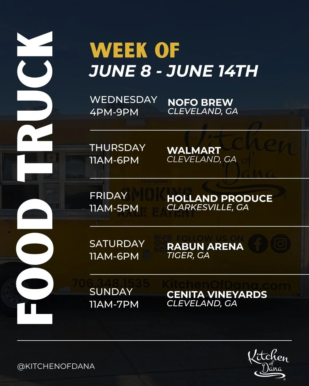 Where to find our food truck this week! You can't miss us in the yellow truck! 

📍 Wednesday - 4-9PM at NoFo Brew Co Cleveland
📍 Thursday - 11AM-6PM at Walmart in Cleveland
📍 Friday - 11AM-5PM at Holland Produce
📍 Saturday - 11AM-6PM at Rabun Are