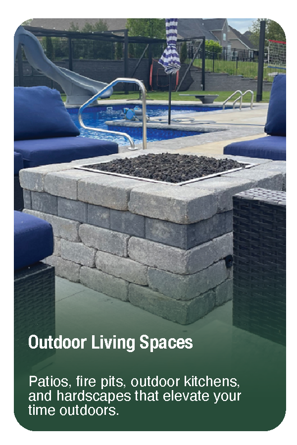 A backyard patio featuring a fire pit made of gray bricks, surrounded by blue outdoor furniture, a swimming pool with a slide, and a striped umbrella.