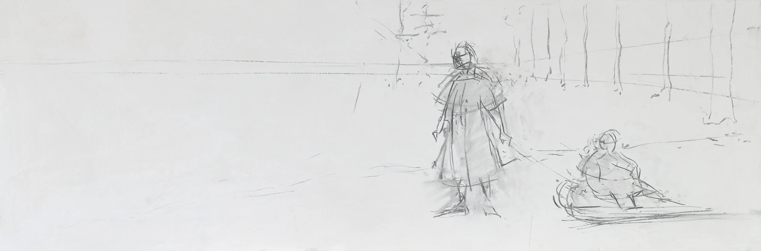 Sled, Asylum Grounds, Toronto, ON. 2016, charcoal on panel, 120 x 40 cm