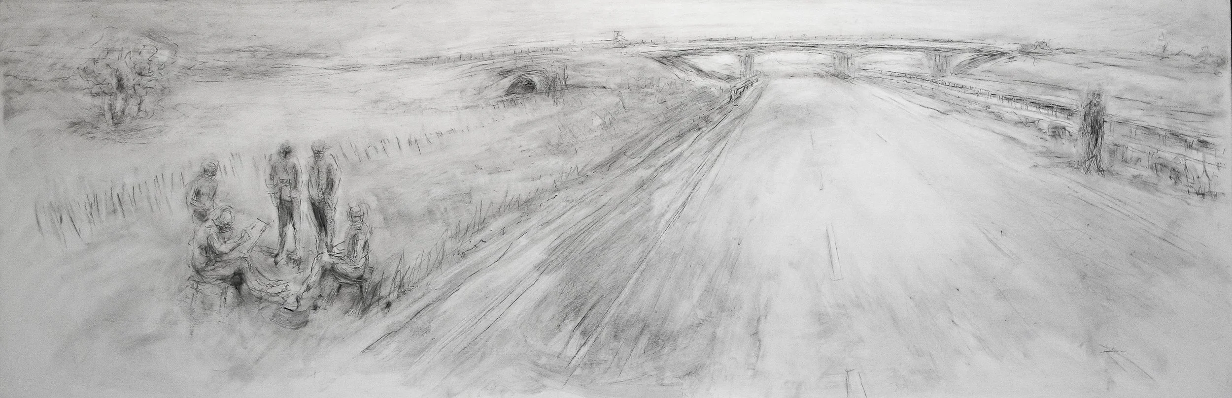 Bridge, 401, Toward Tyendinaga, ON. 2016, charcoal on panel, 120 x 40 cm   