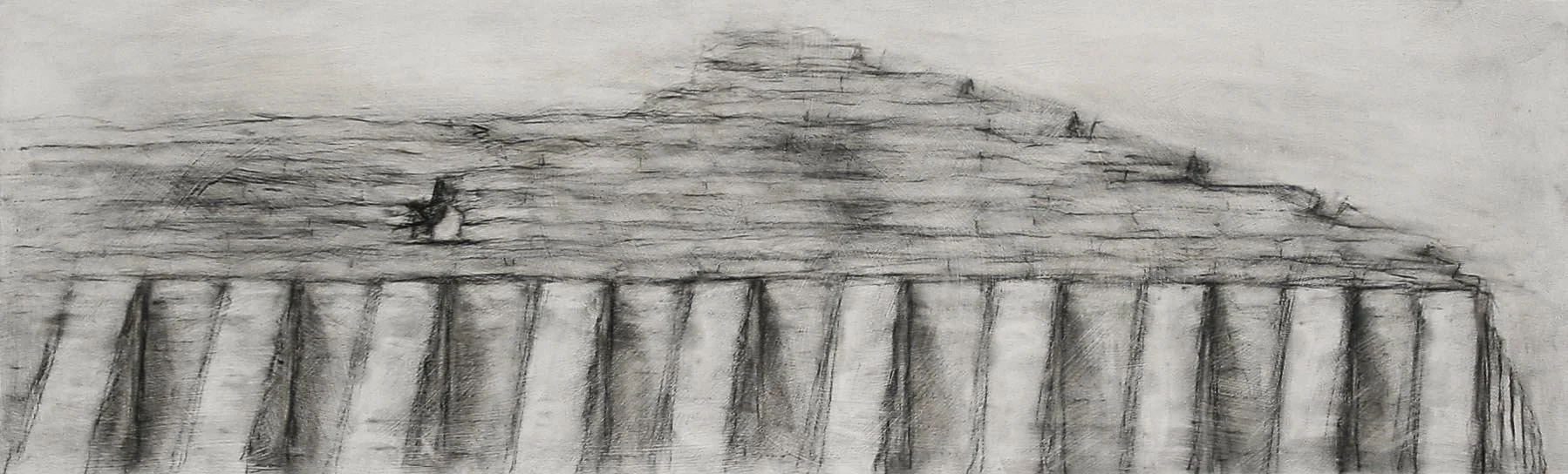 Concrete Plant, Point Anne, ON. 2002, charcoal on panel, 28 x 83 cm