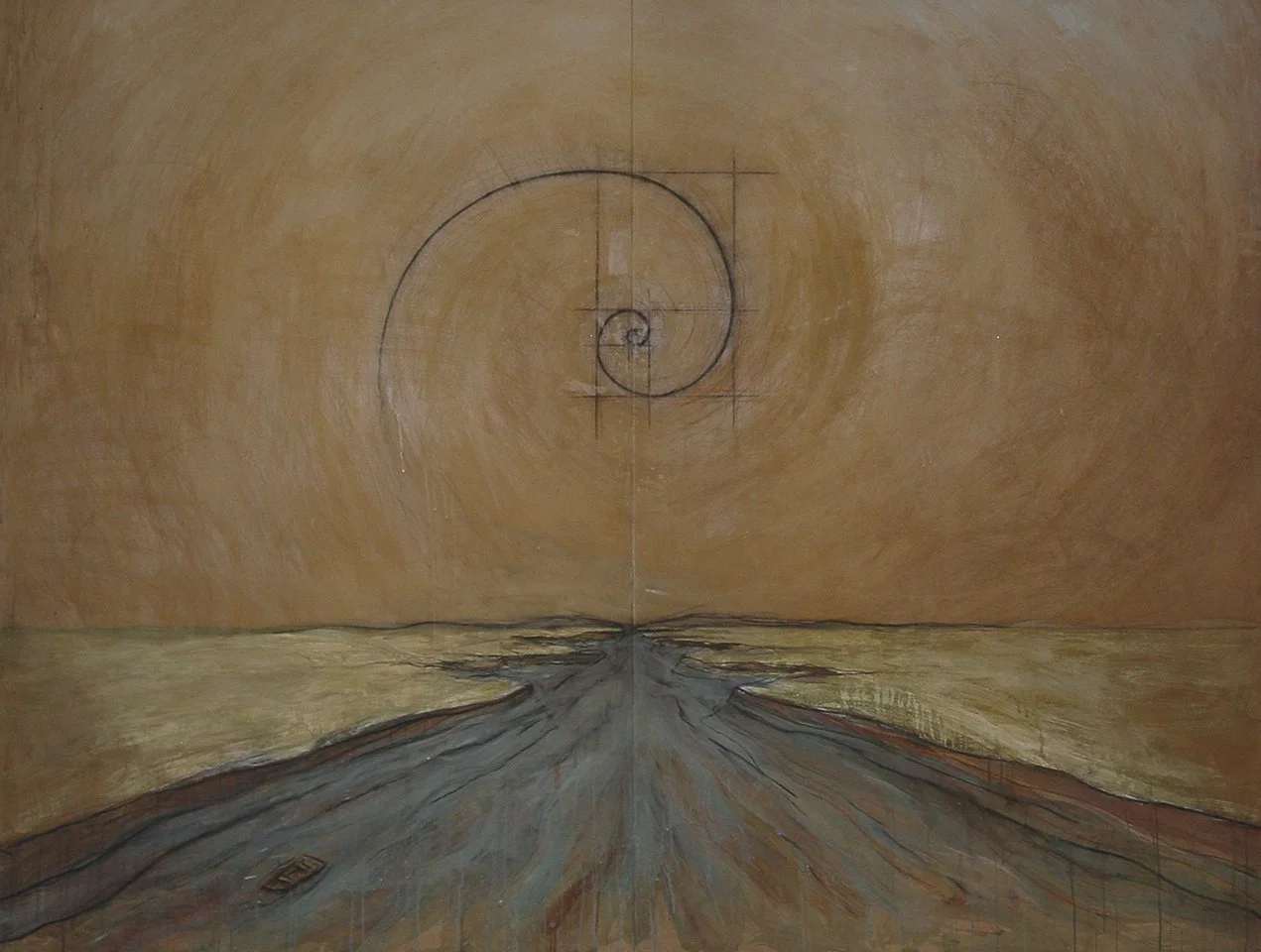 Abstract painting with a spiral design at the center, resembling the golden ratio, set against a brown background. Below the spiral, a landscape with a winding river and a small boat is depicted.