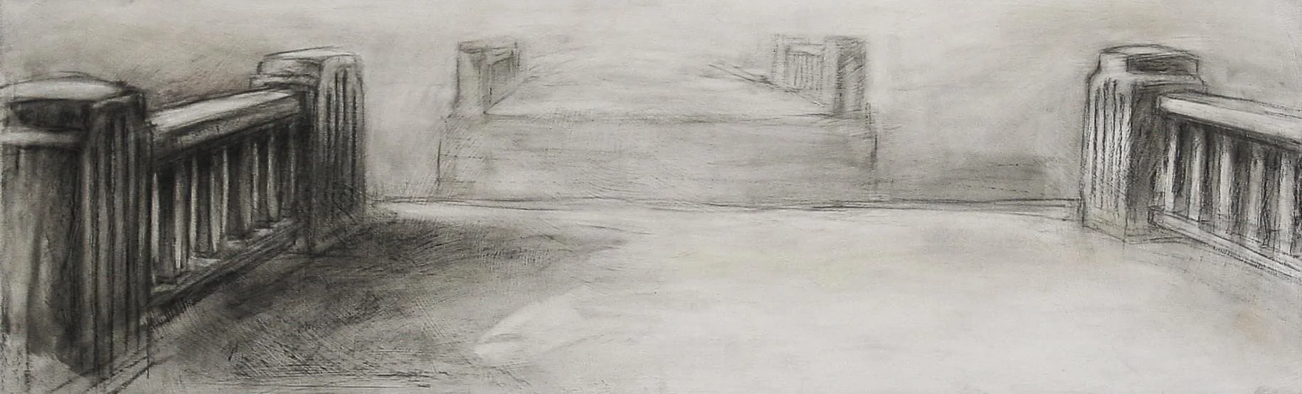 Bridge Abutments, Union Settlement, NB. 2002, charcoal on panel, 28 x 83 cm