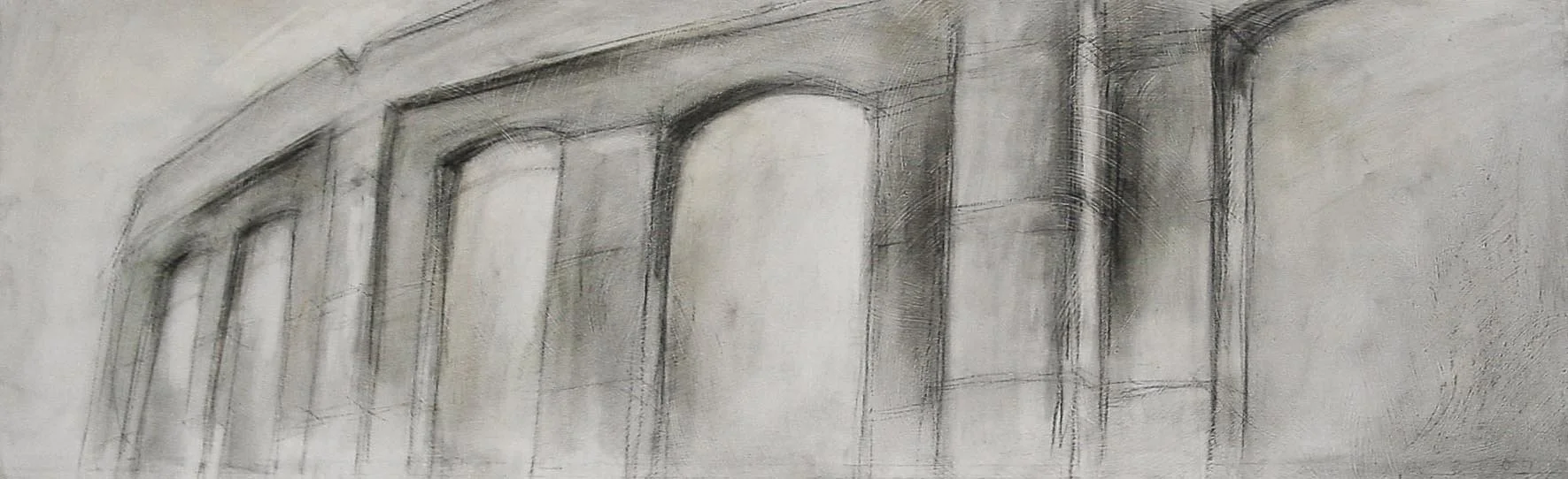 Round House, Depot Harbour, ON. 2002, charcoal on panel, 28 x 83 cm
