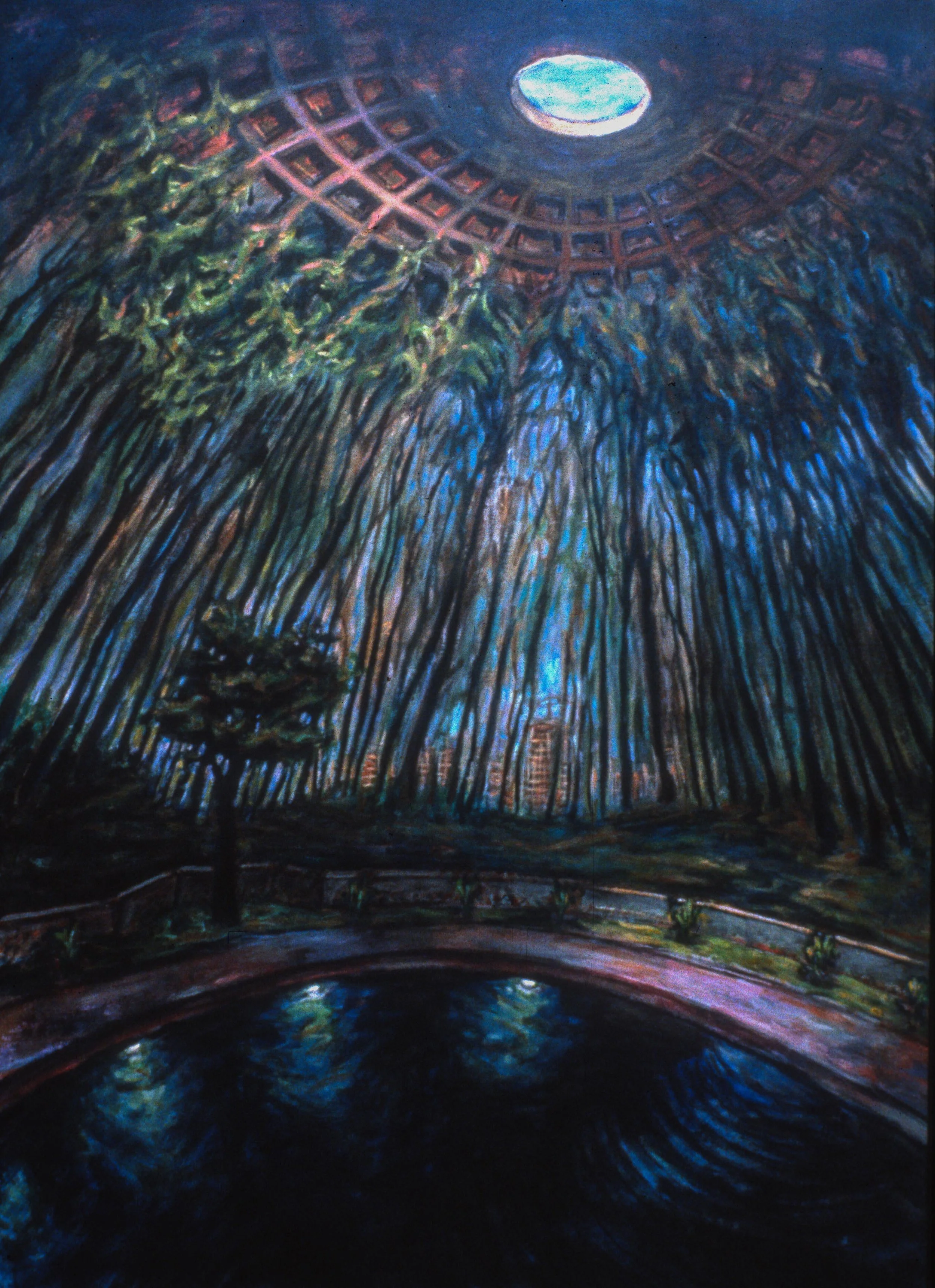 Artistic depiction of an underground garden with trees extending towards a domed ceiling, and a central pool reflecting light from an opening above.