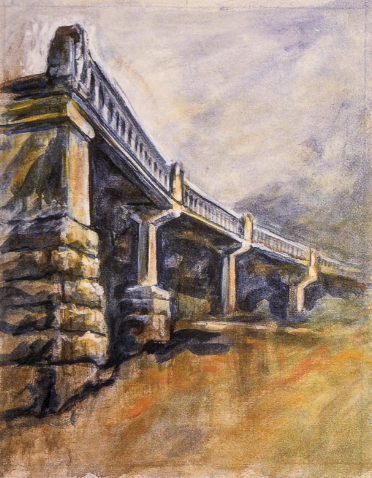 Painting of a bridge with stone pillars and concrete railings, set against a cloudy sky.
