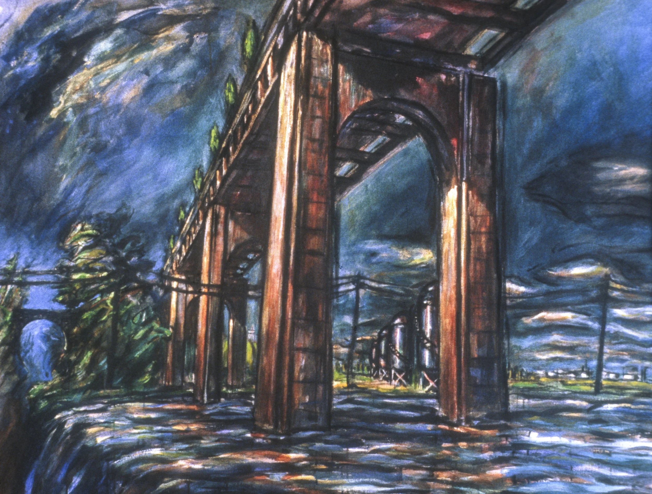 Expressionist painting of an elevated railway and industrial landscape with stormy skies