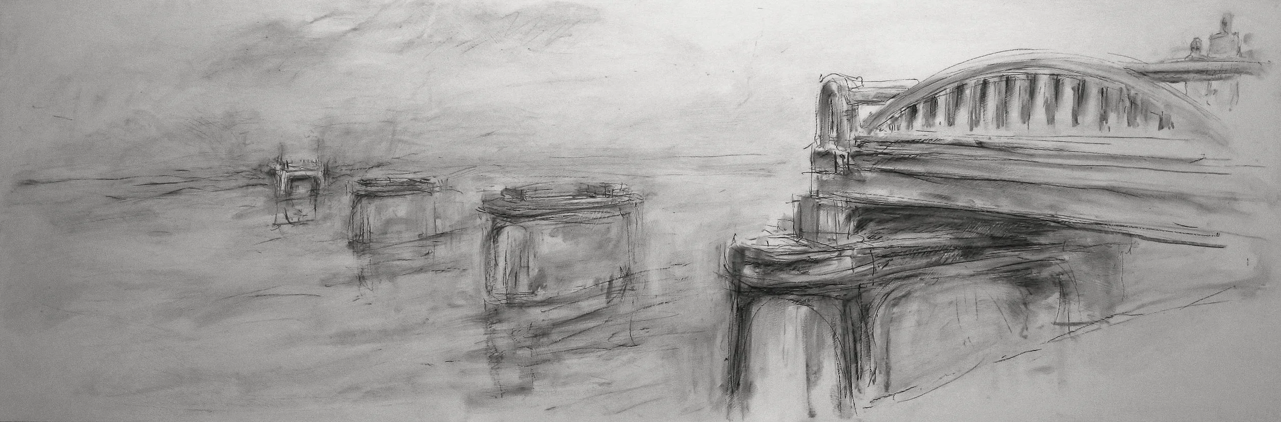 Bridge, Barkers Point, NB. 2016, charcoal on panel, 40 x 120 cm