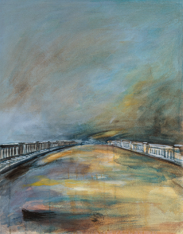 Abstract painting of a bridge with colorful sky background.