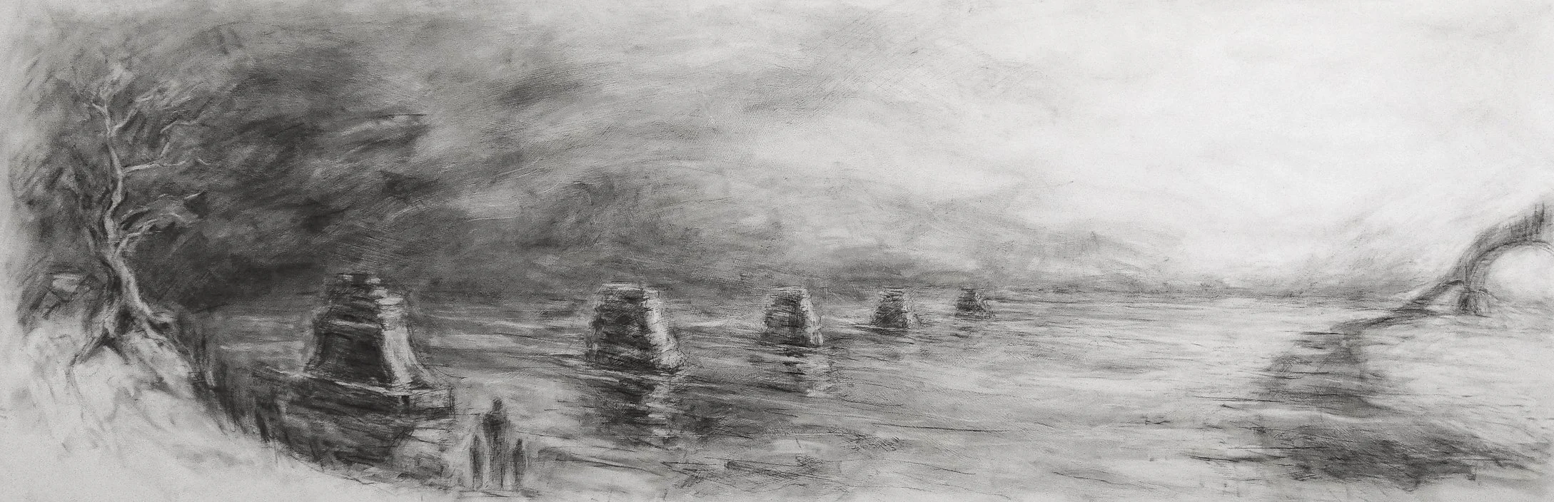 Tidal River Bridge, Maitland, NS. 2019, charcoal on panel, 60.5 x 183 cm