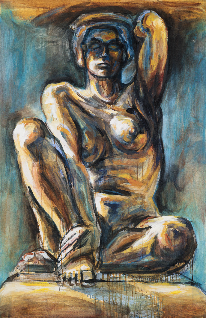 Abstract painting of a seated nude figure with crossed legs and arms behind head