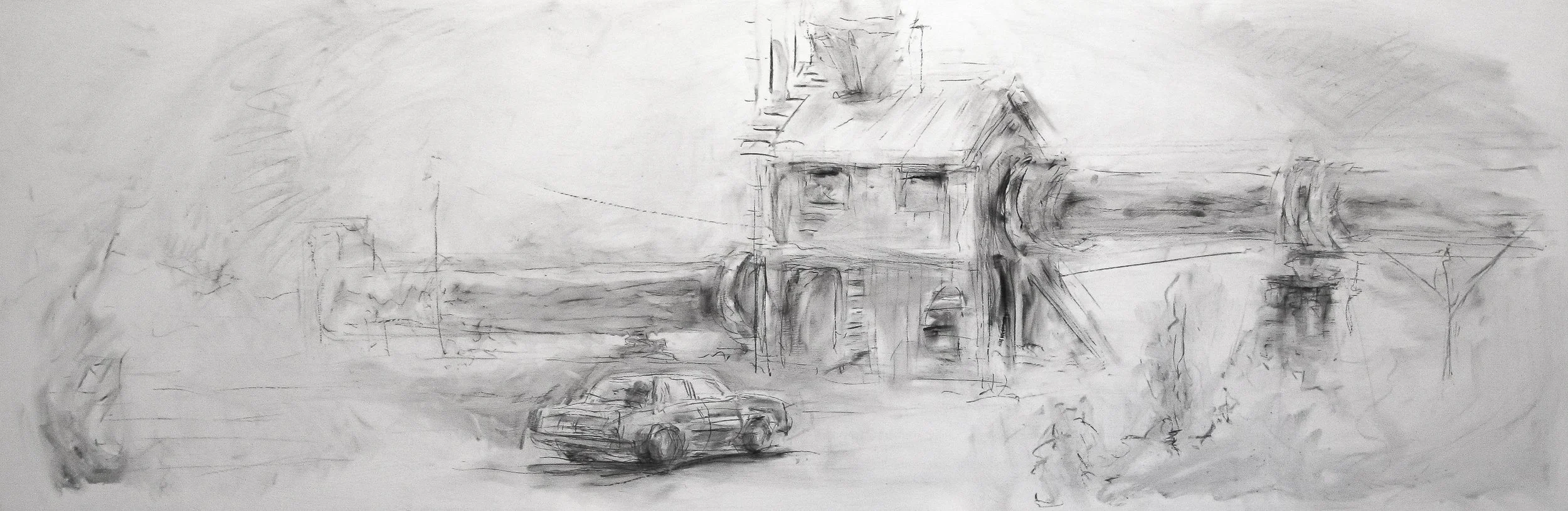 Sketch of a car and a house in a rural setting, pencil drawing