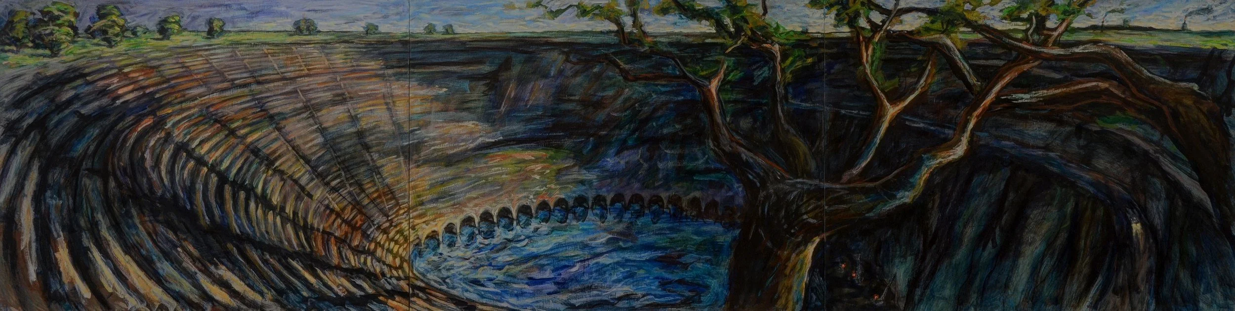 Painting of a large, circular hole surrounded by layers of rock, with a tree growing on the edge and greenery in the background.
