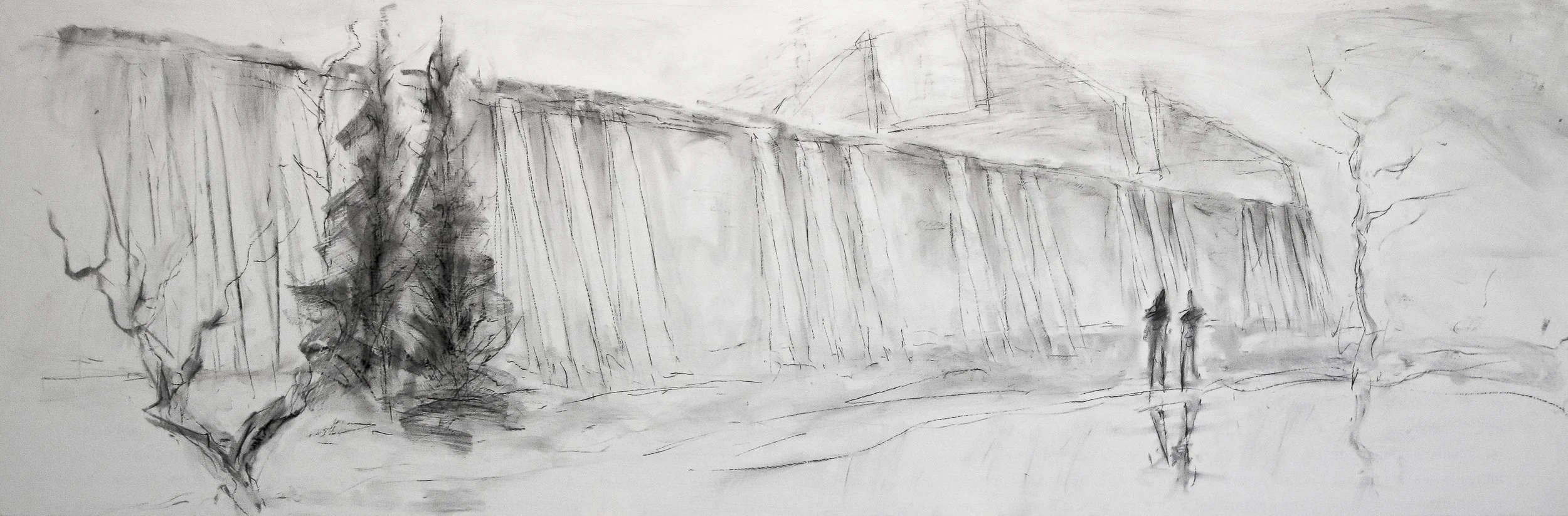 Cement Plant, Point Anne, ON. 2016, charcoal on panel, 40 x 120 cm 