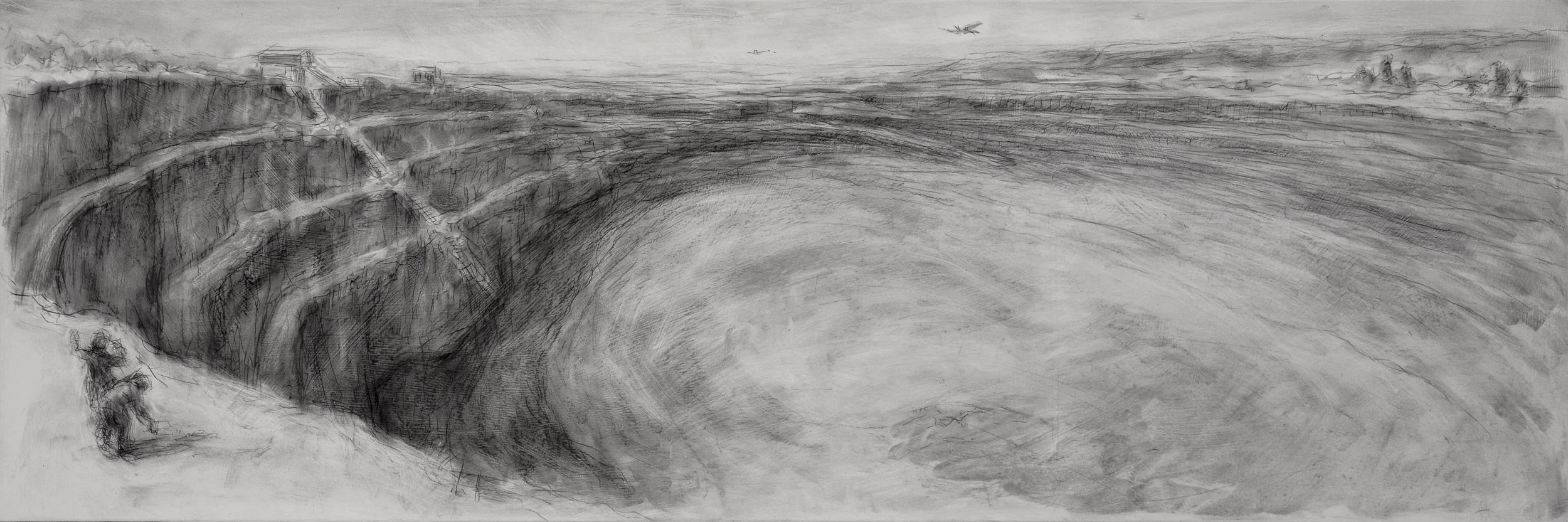 Cosmic Cellar, Marmora, ON. study, 2016, charcoal on panel, 40 x 120 cm