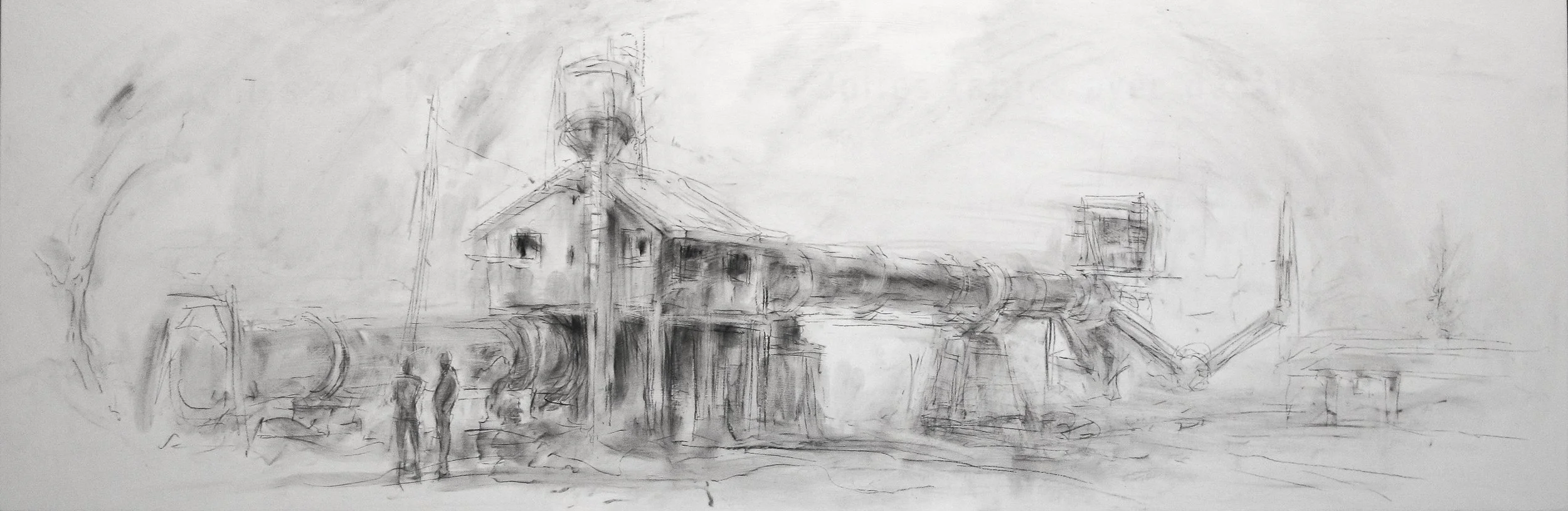 Coal Plant I, Minto, NB. 2016, charcoal on panel, 40 x 120 cm