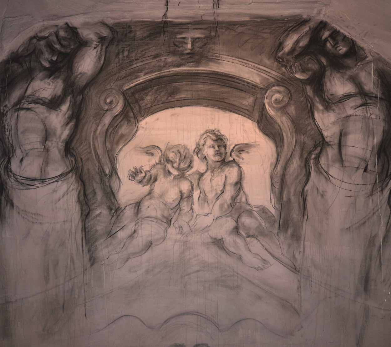 Monochrome sketch of cherubs with draped figures on either side, showcasing classical architectural elements.