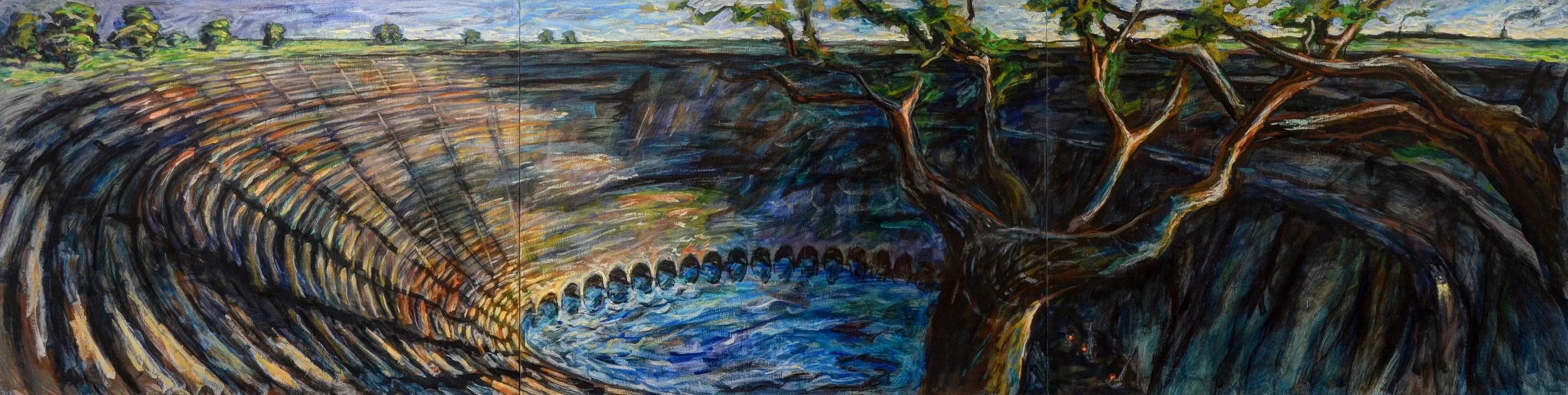 Abstract painting of a large pit resembling an amphitheater with water at the bottom, surrounded by trees