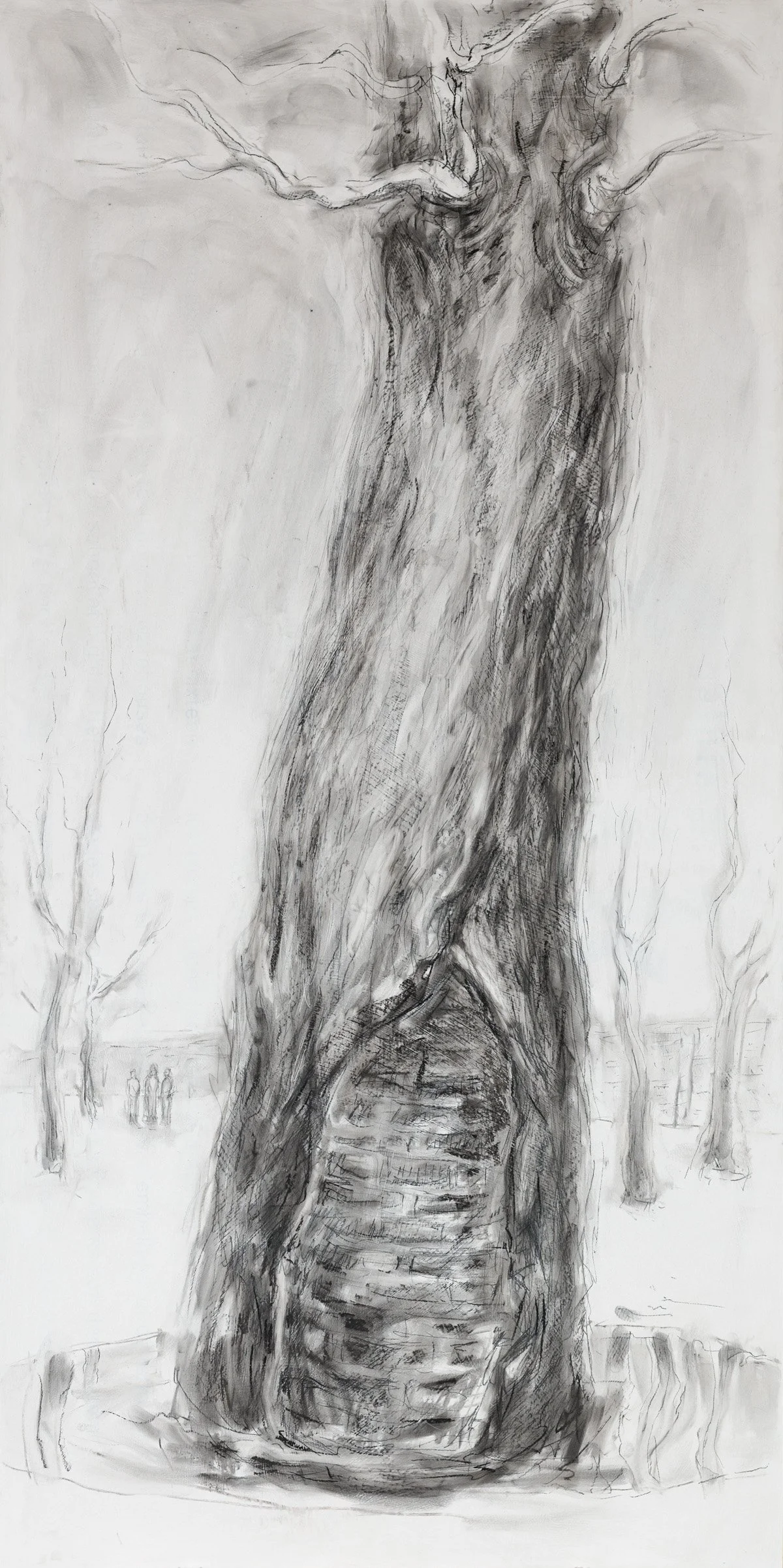Charcoal drawing of a large tree trunk with a stone interior, surrounded by distant figures and bare trees in a winter landscape.