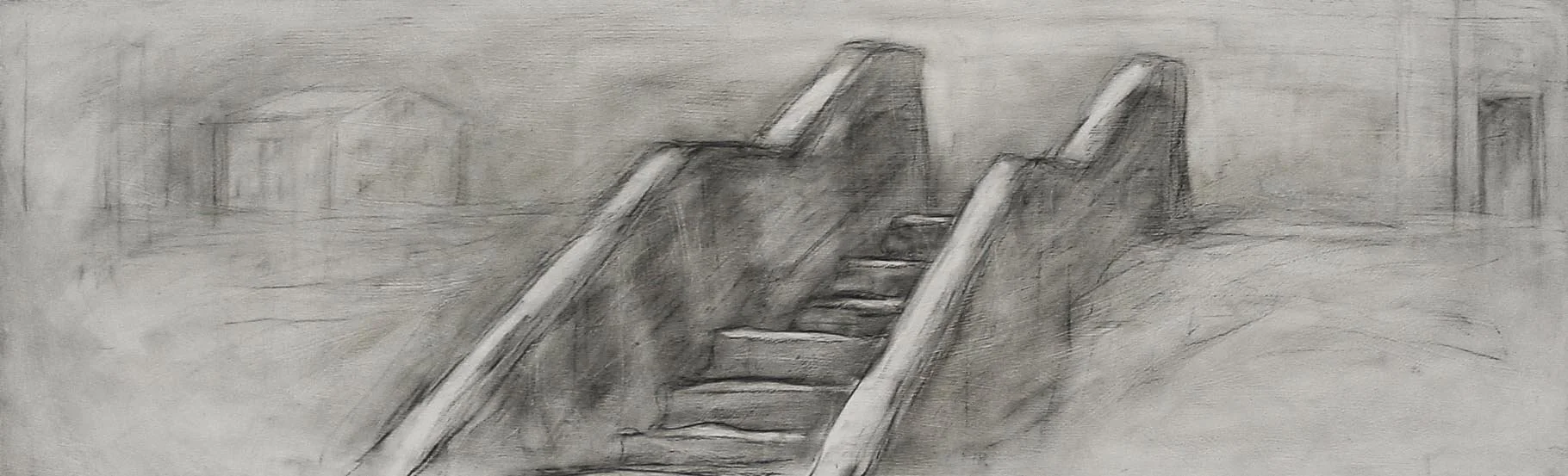 Charcoal drawing of two flights of stairs with a faint outline of a house in the background.