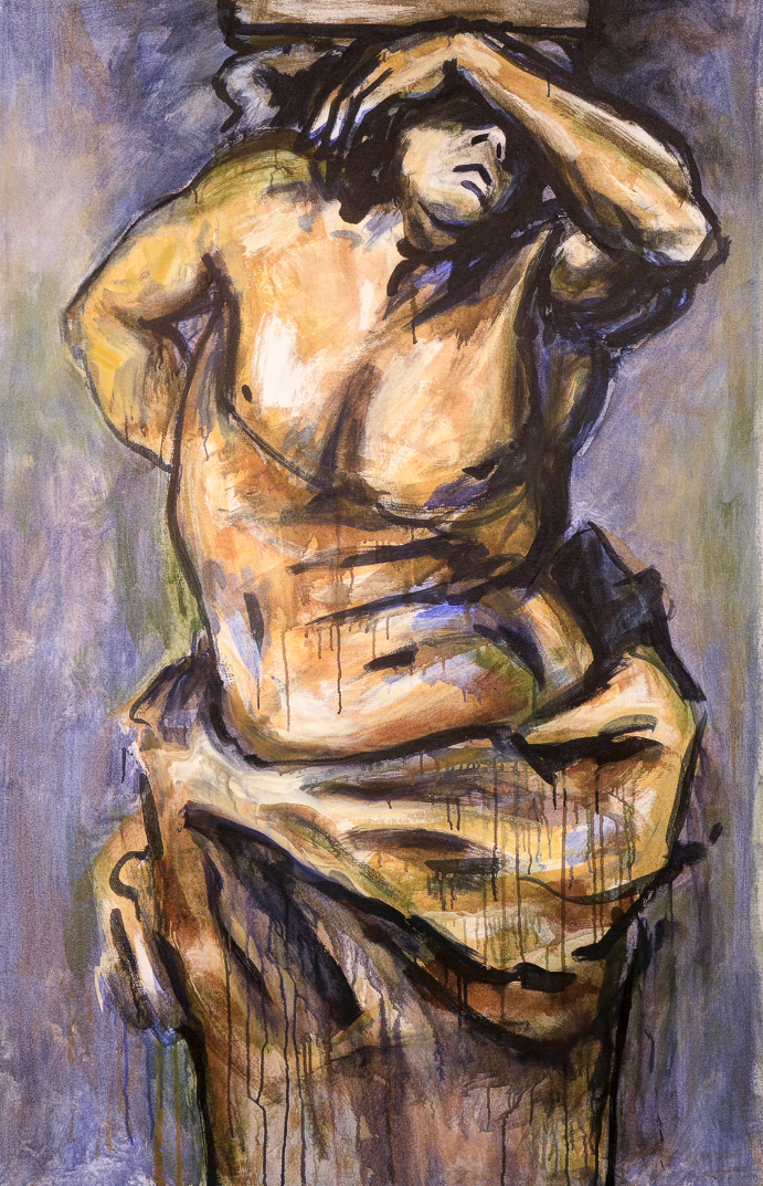Abstract painting of a human figure with head tilted, arms crossed over head, and textured, earthy colors.