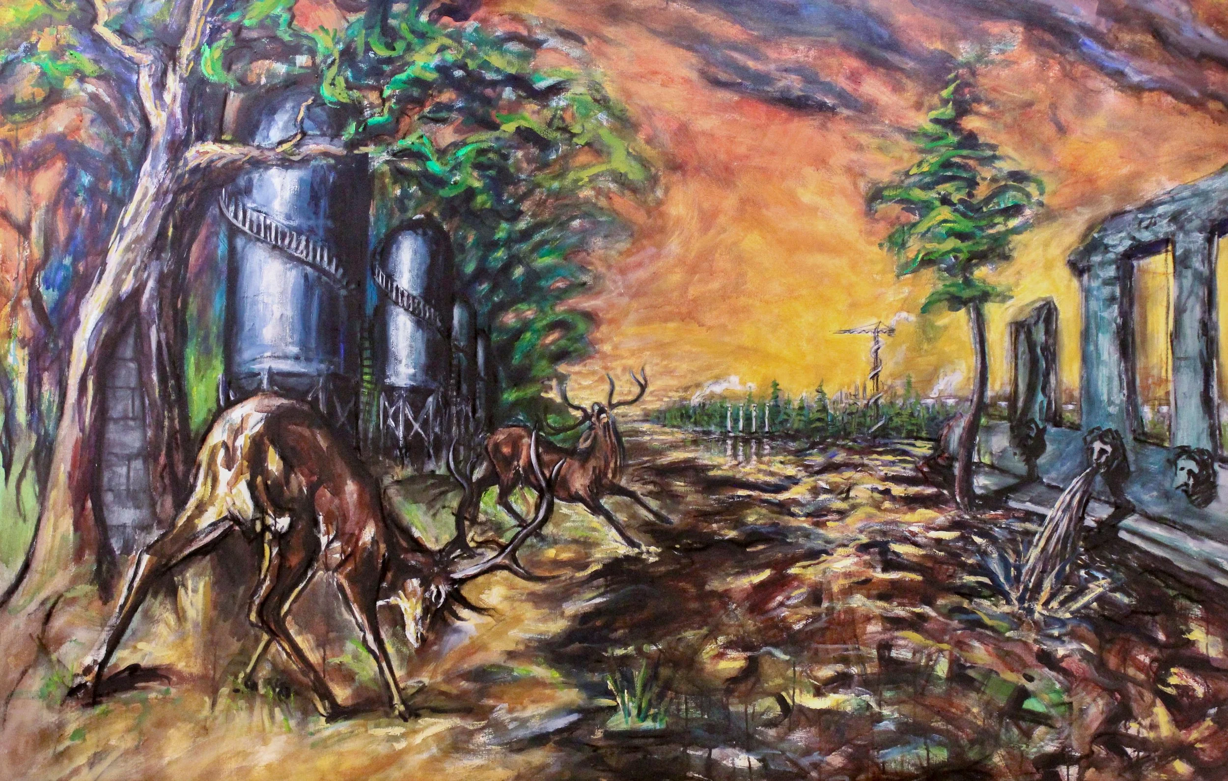 Surreal landscape painting with two deer fighting, trees, industrial tanks, pillars, and a yellow-orange sky.