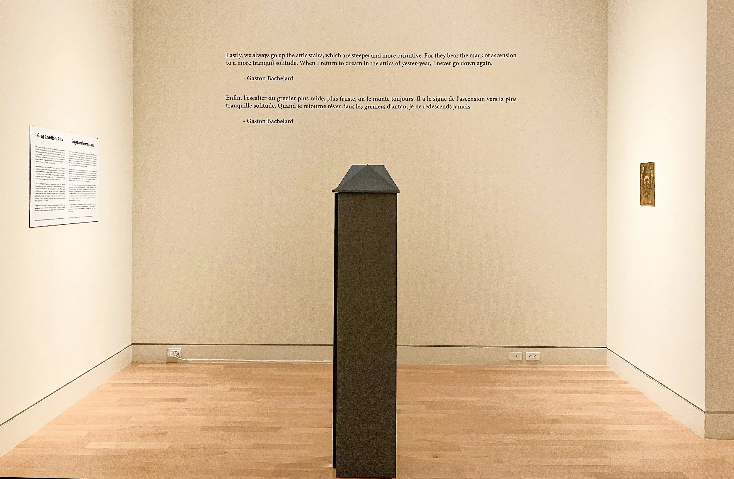 Attic Installation, Beaverbrook Art Gallery, Bosco_s Tower, 2024, MDF, acrylic paint, photograghs and electric light, 160 x 35.5 cm