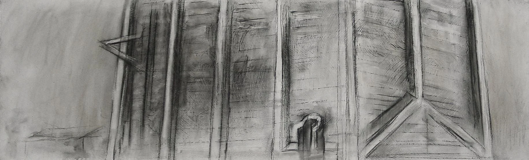 Brick Works, Cheltenham, ON. 2002, charcoal on panel, 28 x 83 cm