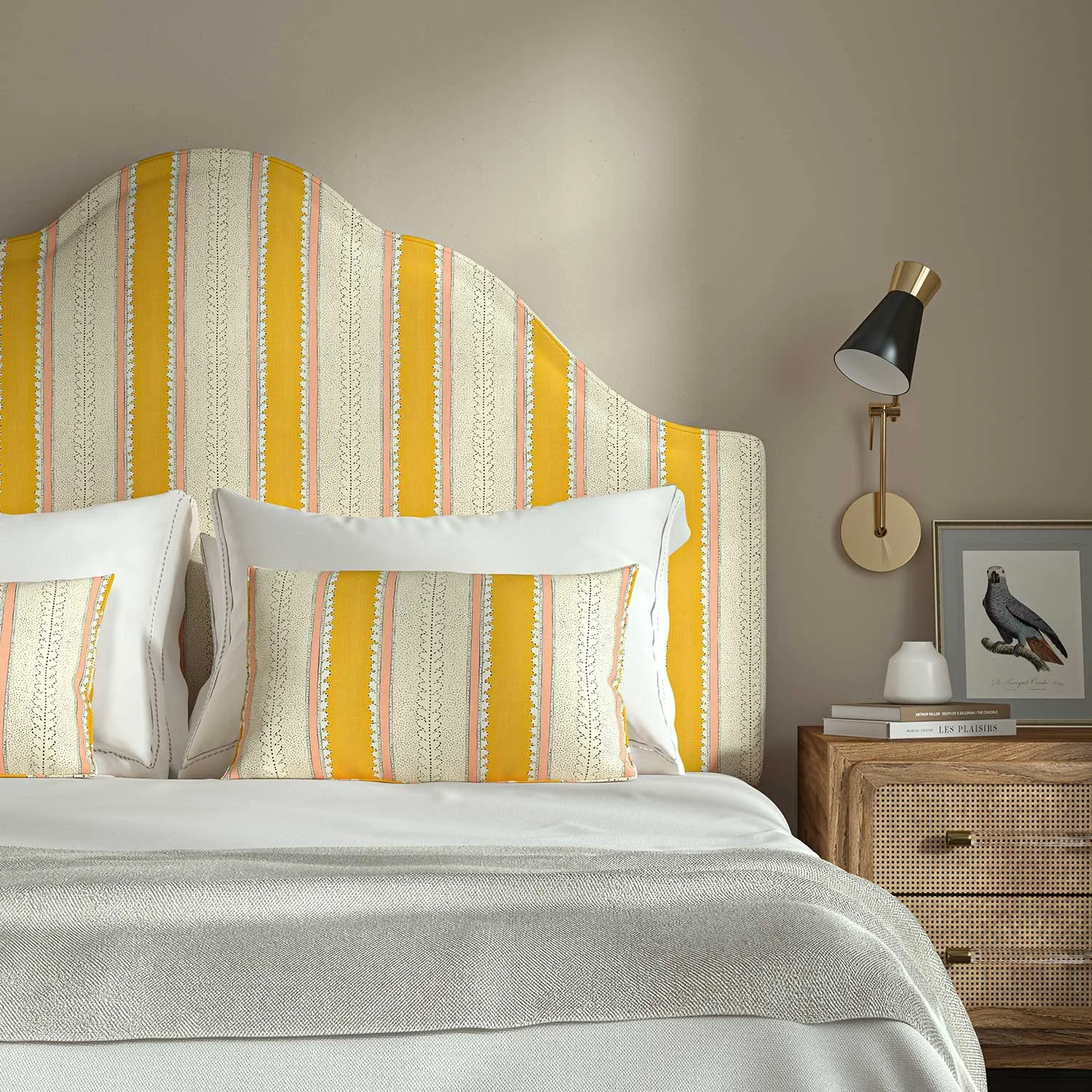 A headboard made with Linwood fabric, handmade and bespoke interior design.
