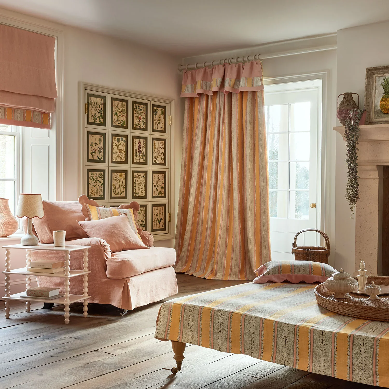 Linwood Dimity Mango fabric on the bespoke curtains and cushions.