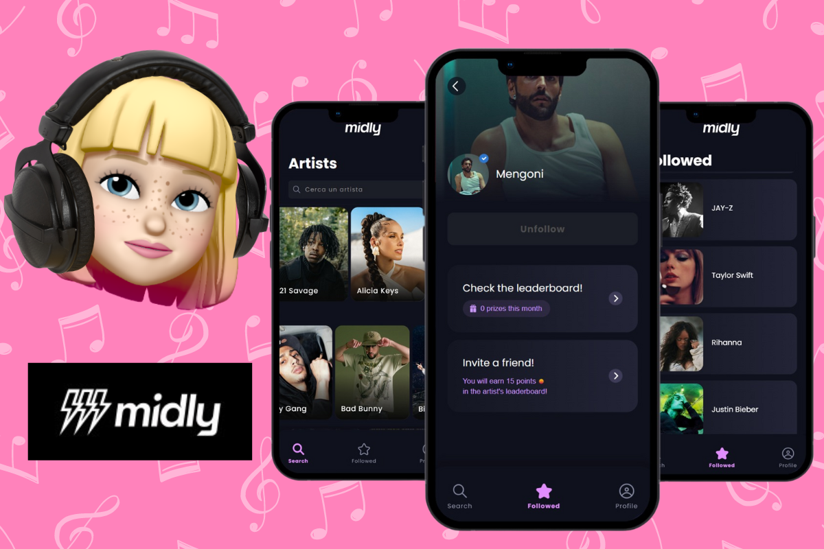 Screenshot dell'app Midly mostrato su tre telefoni, con musica, artisti e leaderboard, su sfondo rosa con note musicali. È presente anche un'emoji con orecchie con cuffie grandi.