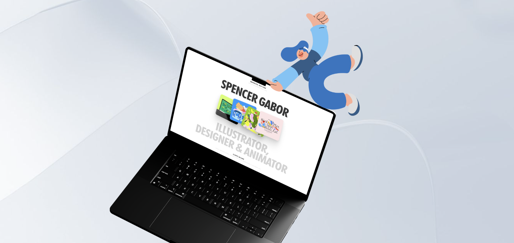 Immagine di un laptop aperto su una superficie bianca, con una figura di un'animazione che si libra sopra di esso. La figura è una donna con capelli blu, vestita di blu, che sorride e salta, con il braccio alzato. Lo schermo del laptop mostra il nome