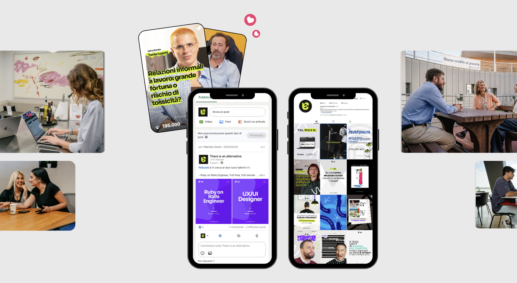Immagini di persone che lavorano e comunicano in ambienti di ufficio e social media, con due smartphone che mostrano post e contenuti digitali.