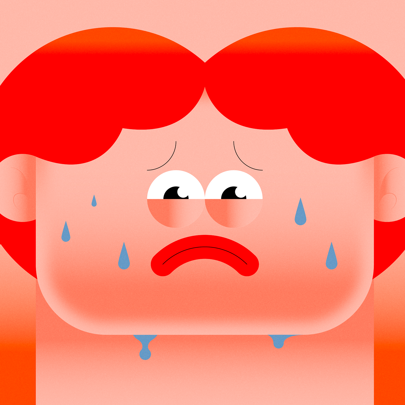 Un volto di cartone animato che piange con lacrime blu, con un'espressione triste