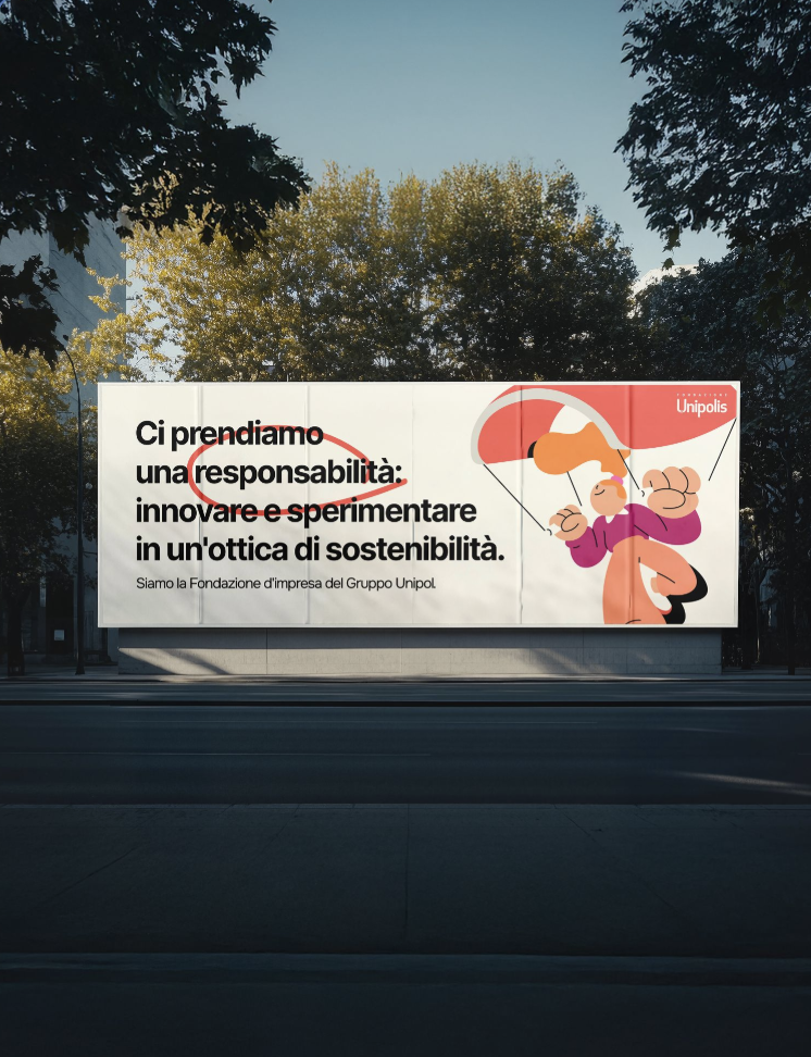 Billboard pubblicitario con testo in italiano e un'illustrazione di una persona che ondeggia tra due palloncini. Sullo sfondo ci sono alberi e un cielo azzurro.