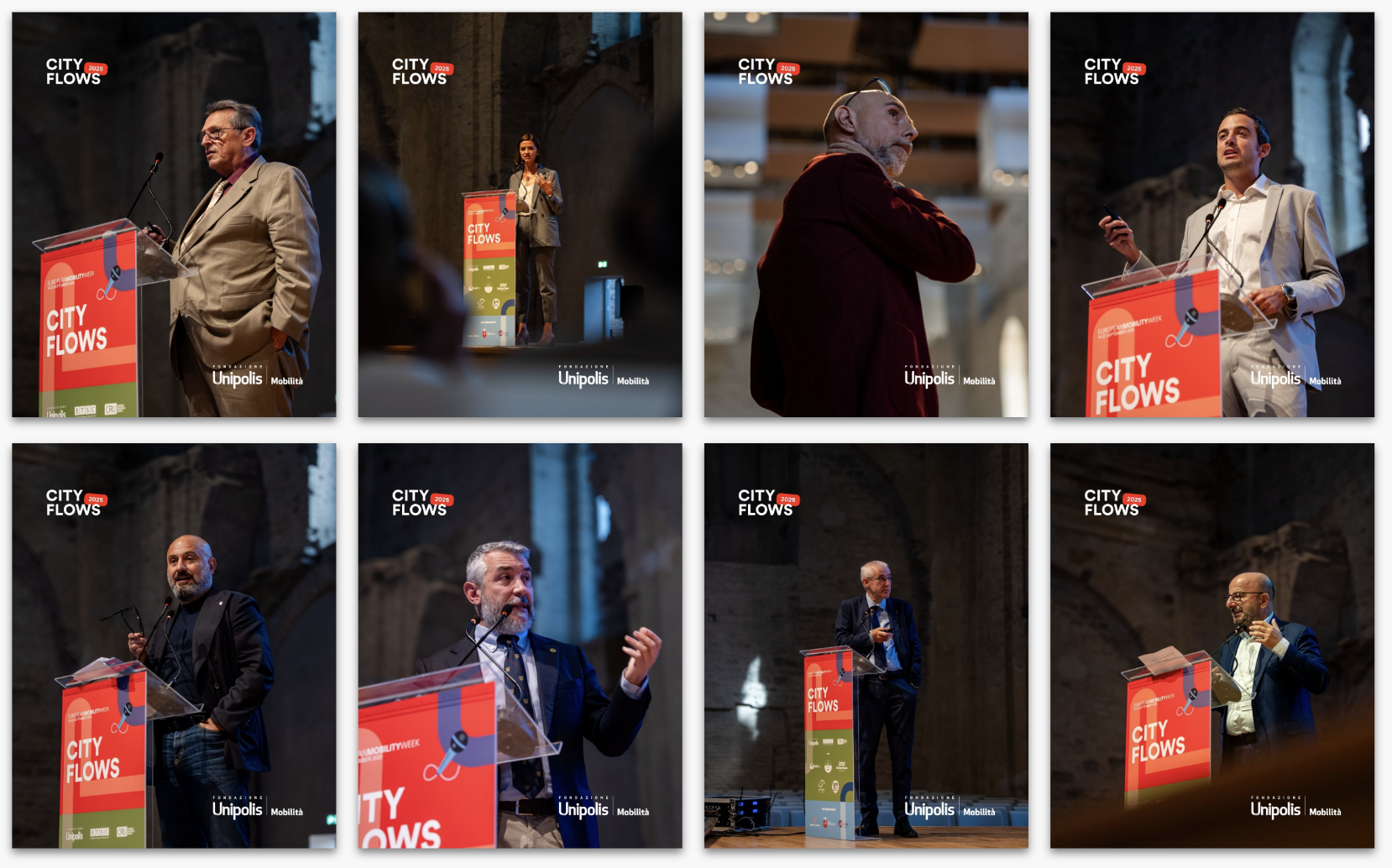 Serie di otto foto di conferenze con relatori e relatrici in un ambiente interno, con un palco e una bandiera con il logo "CITY FLOWS" e il nome "Unipolis Mobilità" sul davanti; alcuni relatori sono donne e altri uomini, alcuni indossano abiti formal