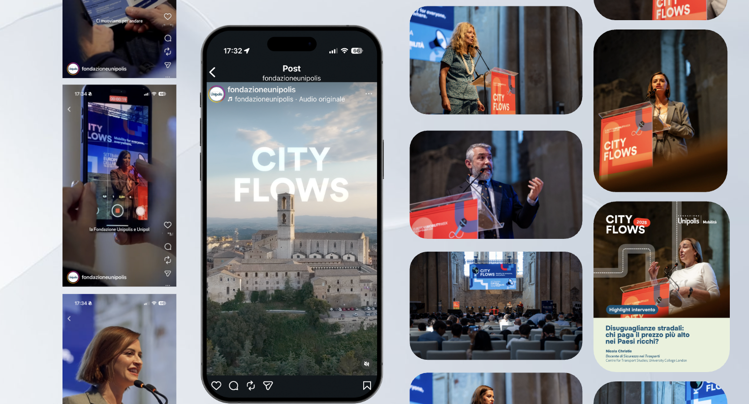 Collage di immagini di conferenze e presentazioni sulla mobilità urbana con il titolo "City Flows" e il logo della Fondazione Unipolis