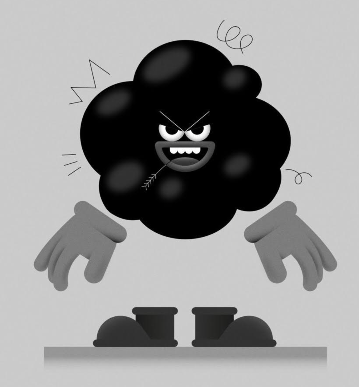 Immagine di un personaggio cartoon con testa ricoperta da una nuvola nera, faccia espressiva arrabbiata o scherzosa, con mani e piedi stilizzati grigi, su sfondo grigio.