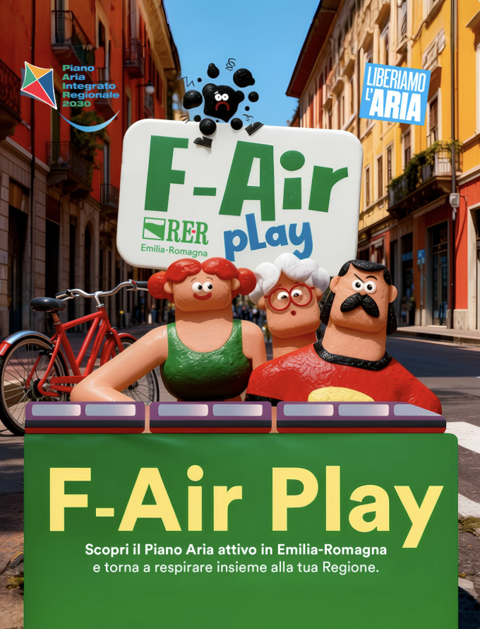 Manifesto pubblicitario per il Piano Aria Integrato Regionale 2030 in Emilia-Romagna, con figure di personaggi stilizzati, biciclette rosse e slogan per promuovere la qualità dell'aria nella regione.