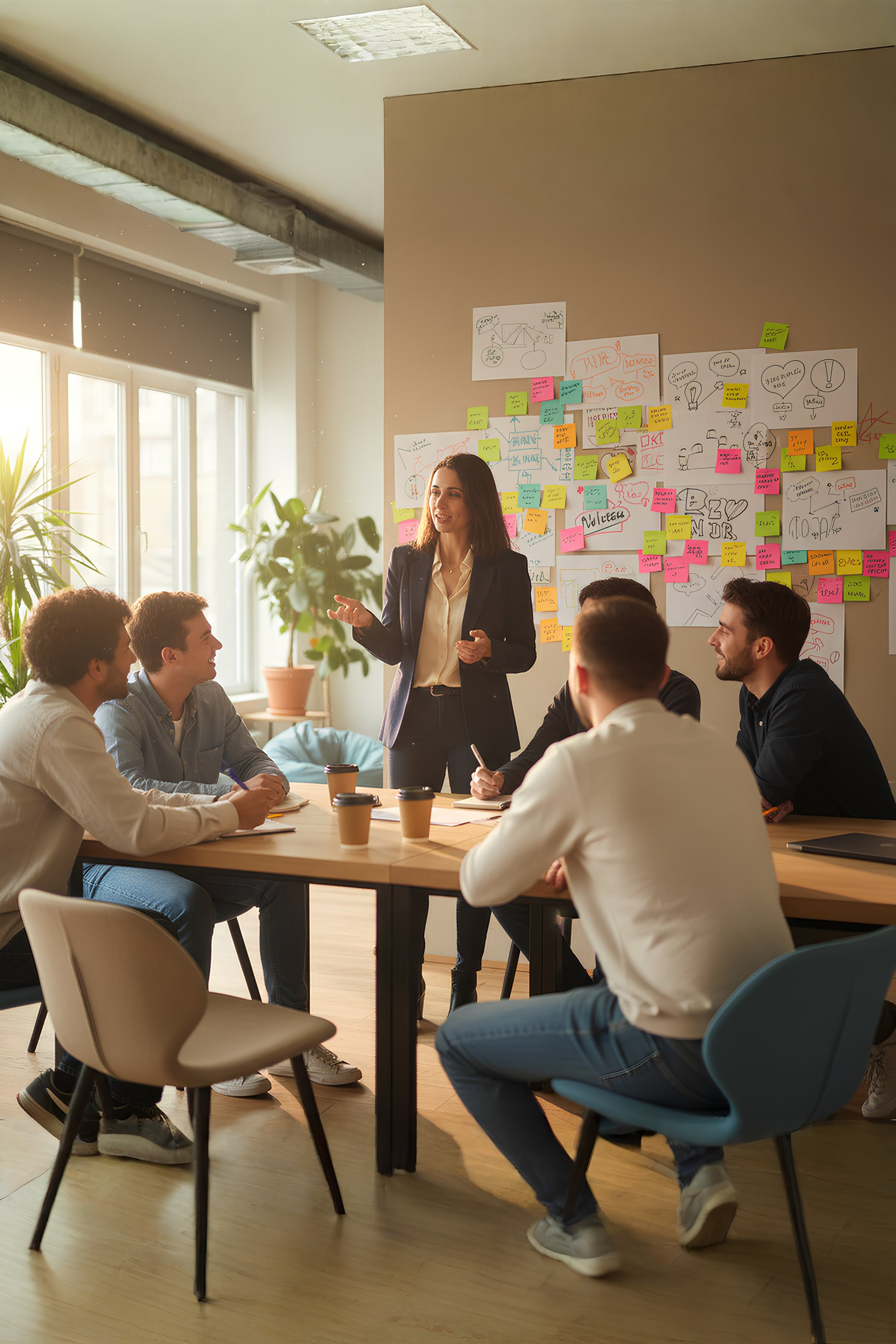 Un gruppo di persone in una riunione di lavoro, con una donna che si prepara a parlare davanti a una lavagna ricoperta di post-it colorati e schizzi.