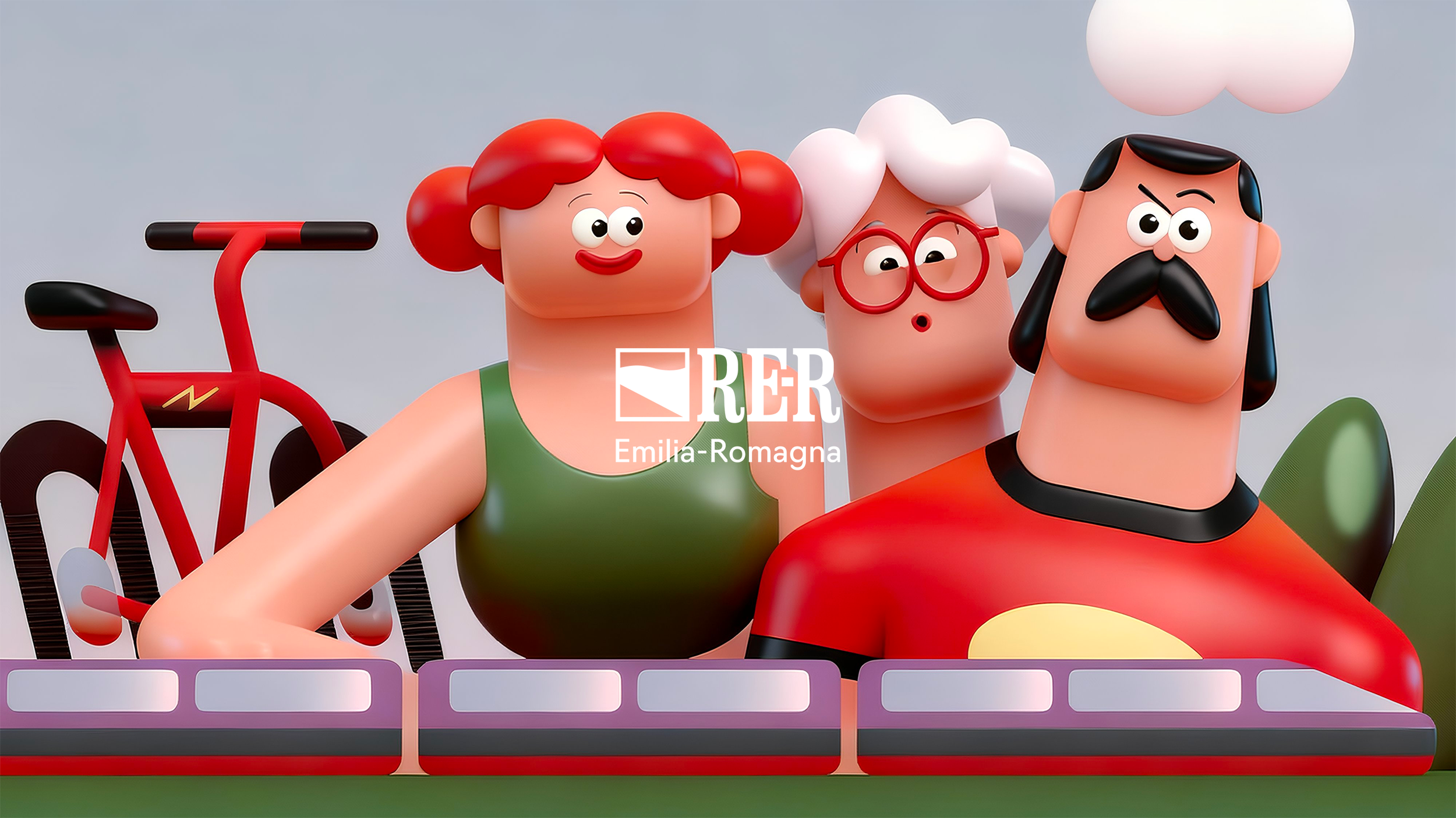 Figure animate di due donne e un uomo con uno stile cartoon, uno con capelli rossi e due con capelli bianchi, uno con barba nera e l'altro con occhiali rossi, e una bicicletta rossa sullo sfondo. Balcone con fiori verdi nella scena.