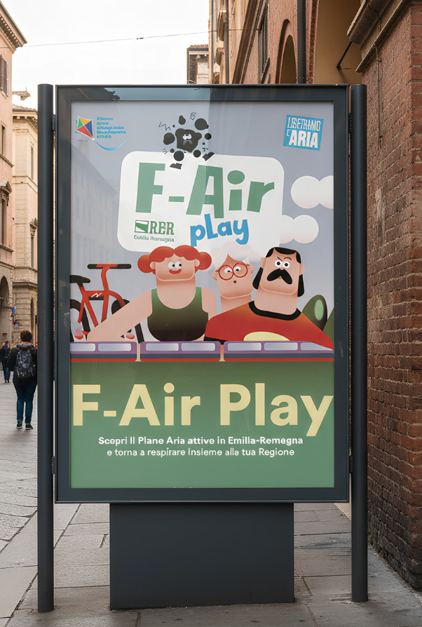 Poster pubblicitario per F-Air Play, promuove il piano aria attive in Emilia-Romagna, con personaggi cartoni e biciclette, sullo sfondo di un'eventuale campagna regionale.