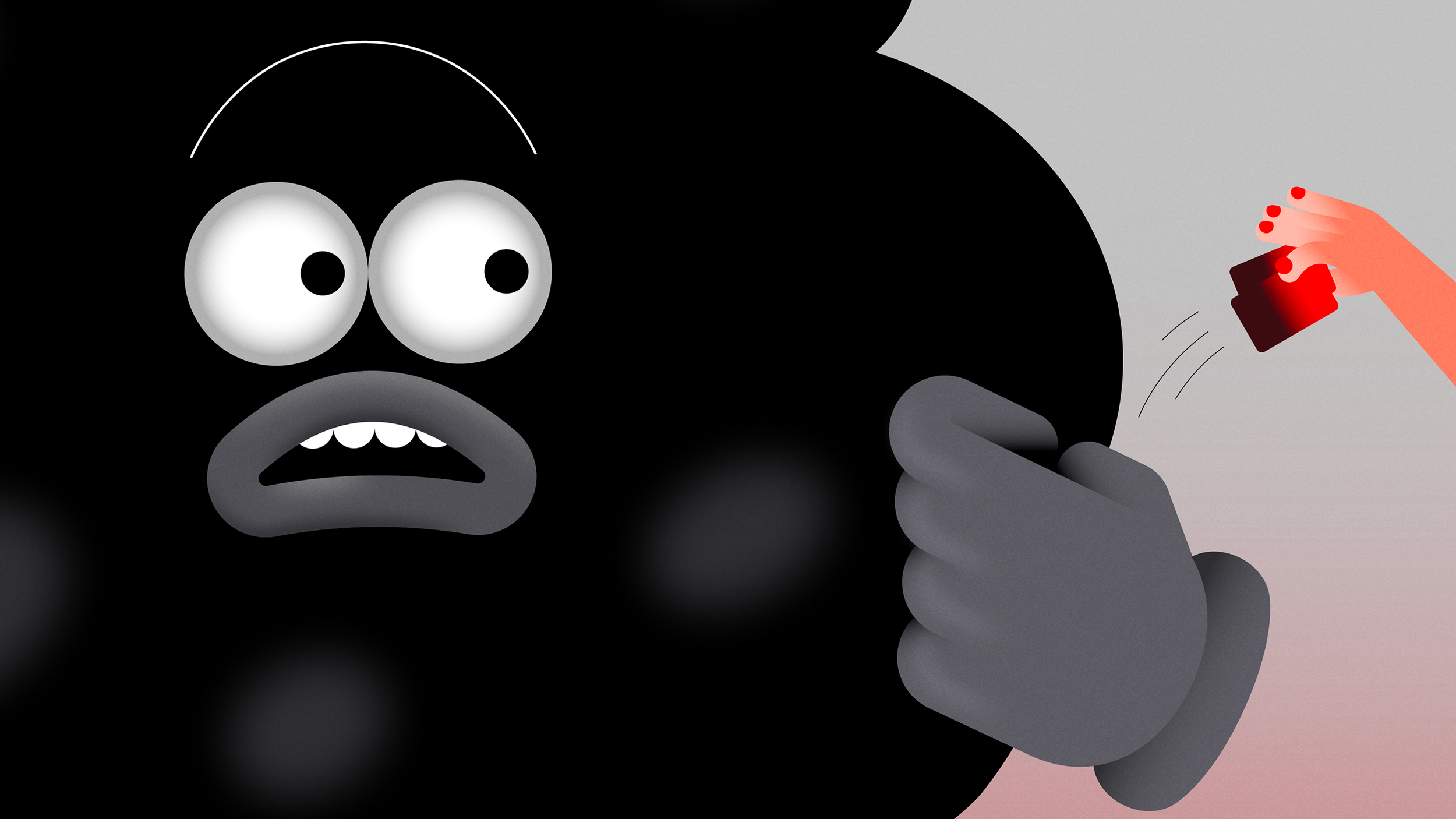 Un grande personaggio nero con occhi ampi e bocca aperta sembra spaventato, mentre una mano, con unghie rosse, tiene uno smartphone che sta fotografando. Sullo sfondo c'è un cielo sfumato.