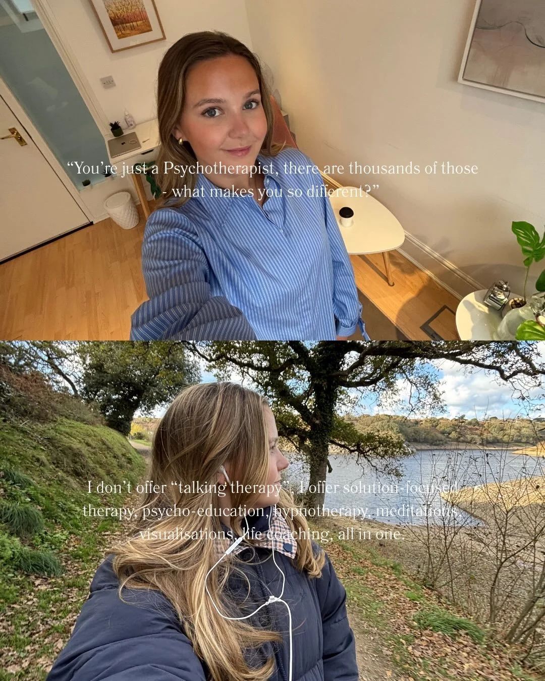 &ldquo;You&rsquo;re just a Psychotherapist, there are thousands of those - what makes you so different?&rdquo; 

1. I don&rsquo;t offer &ldquo;talking therapy&rdquo;, I offer solution-focused therapy, psycho-education, hypnotherapy, meditations, visu