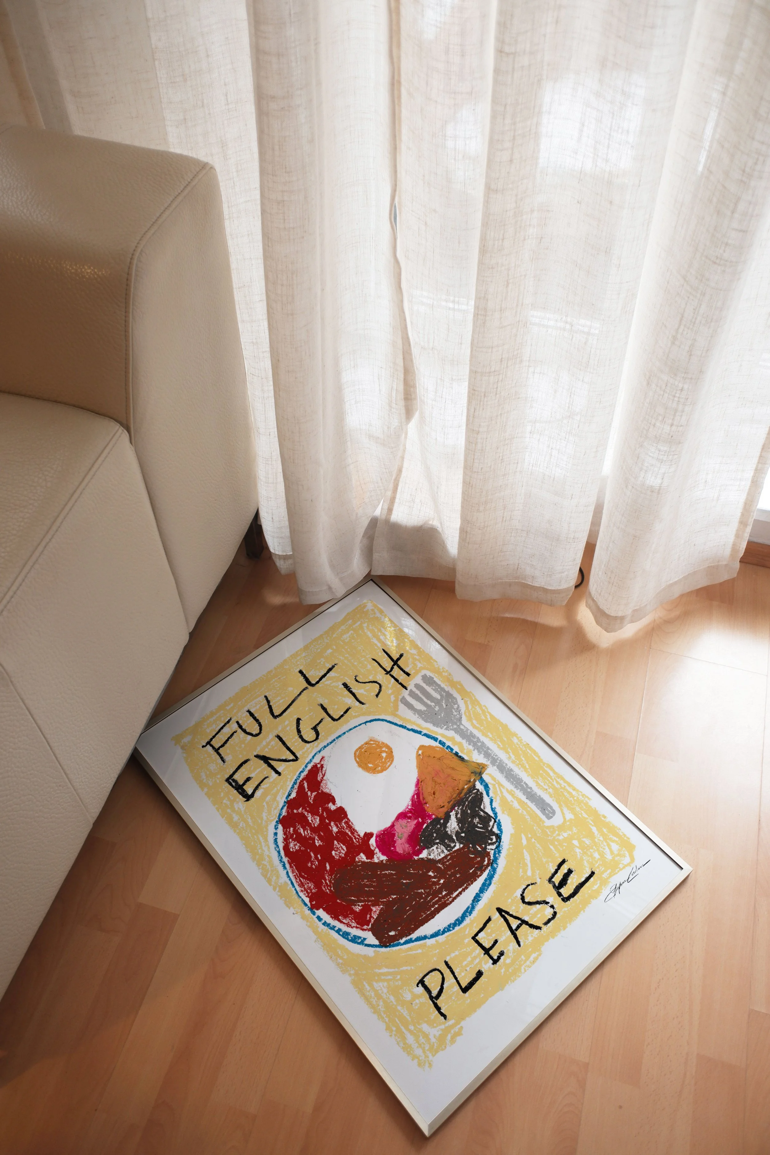 full-english-breakfast-oil-pastel--Framed-Print-on-the-Floor-with-Linen-Curtains.jpg